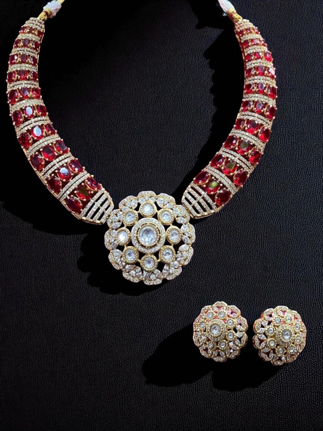 ruby necklace set, designer jewellery, bridal necklace, wedding jewellery, red stone necklace, luxury necklace, statement necklace, Indian jewellery, kundan necklace, party wear necklace, House of Pranvi jewellery