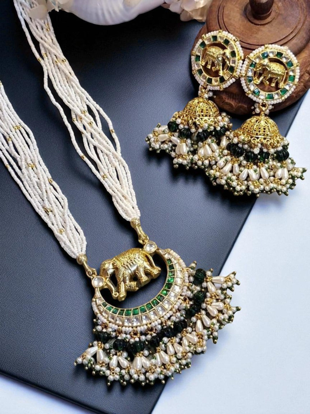 royal jewellery, elephant motif jewellery, temple inspired jewellery, green pearl necklace set, ethnic wedding jewellery, kundan jewellery, traditional jewellery set, heritage necklace earrings, festive jewellery, handmade indian jewellery
