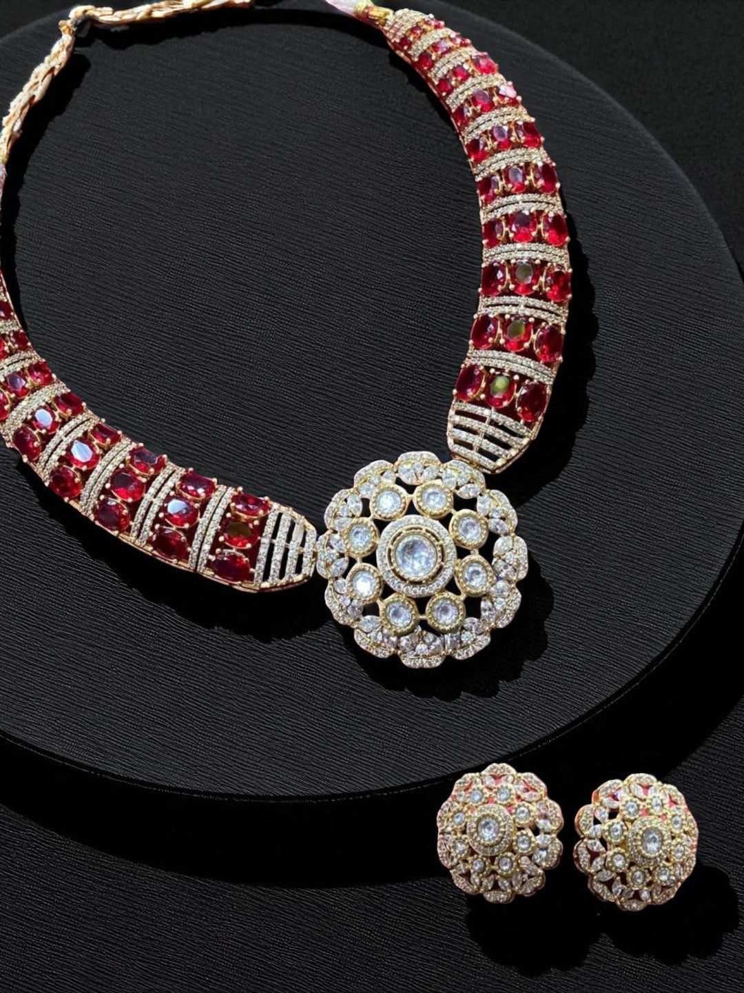 ruby necklace set, designer jewellery, bridal necklace, wedding jewellery, red stone necklace, luxury necklace, statement necklace, Indian jewellery, kundan necklace, party wear necklace, House of Pranvi jewellery