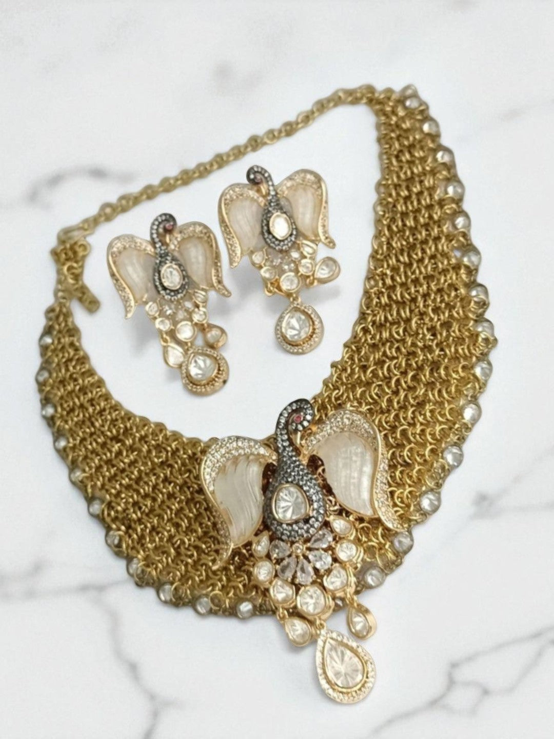 swan motif, statement piece, designer set, kundan, bridal jewellery, elegant, handcrafted, festive wear
