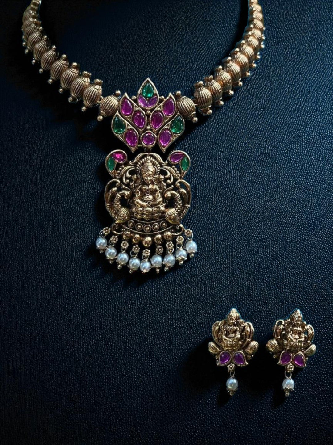 classic temple set, jhumka earrings, ethnic bridal set, artisan jewellery, antique craftsmanship, goddess inspired, pooja wear, wedding special