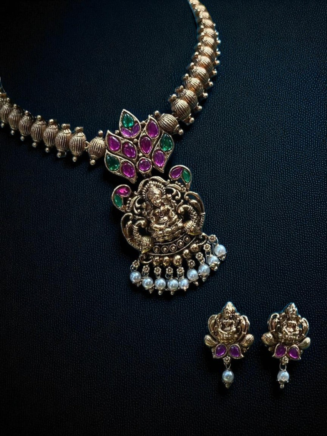 classic temple set, jhumka earrings, ethnic bridal set, artisan jewellery, antique craftsmanship, goddess inspired, pooja wear, wedding special