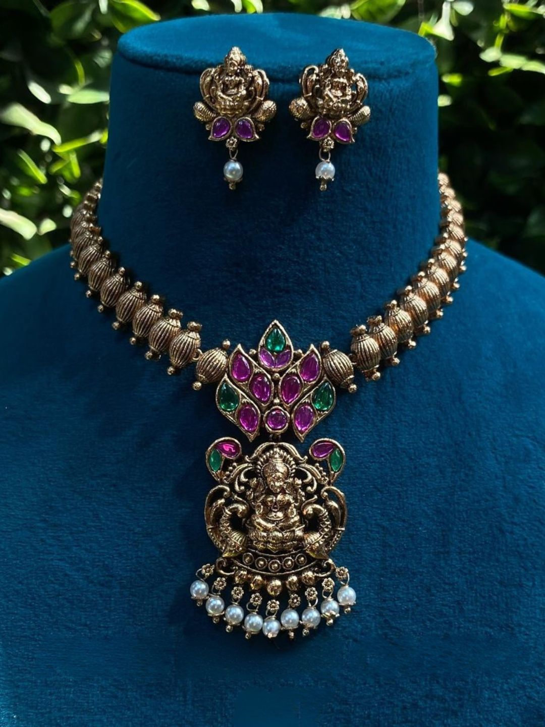 classic temple set, jhumka earrings, ethnic bridal set, artisan jewellery, antique craftsmanship, goddess inspired, pooja wear, wedding special