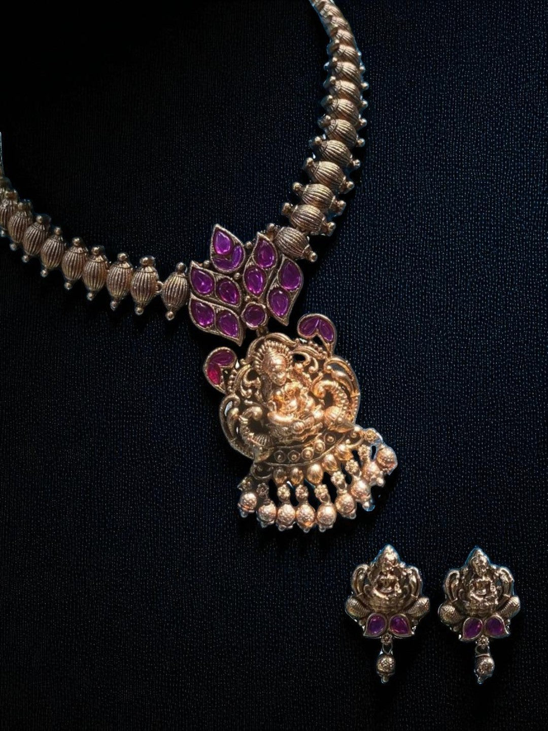 classic temple set, jhumka earrings, ethnic bridal set, artisan jewellery, antique craftsmanship, goddess inspired, pooja wear, wedding special