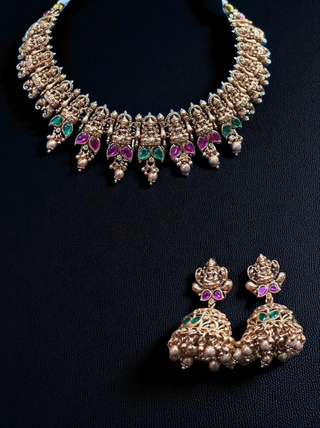 lakshmi design, traditional jewellery, antique necklace, temple work, ethnic look, bridal accessory, cultural piece, elegant finish