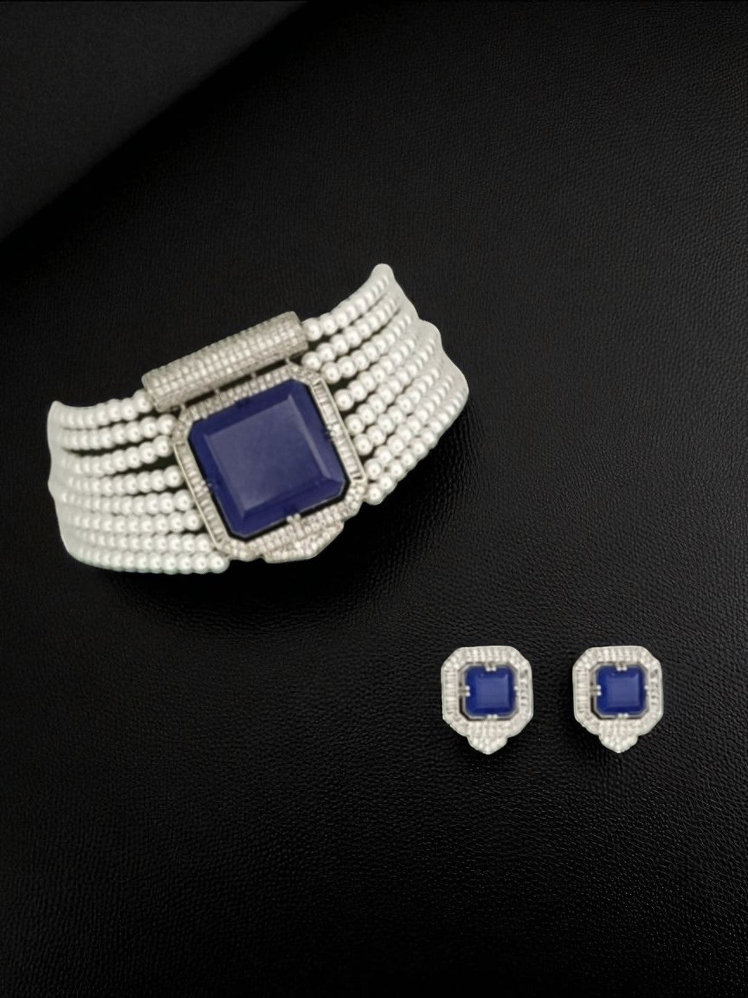 sapphire look jewellery, minimal jewellery set, cocktail wear jewellery, blue stone bracelet, elegant jewellery, statement bracelet and studs, festive jewellery, luxury fashion accessories, classic pearl jewellery
