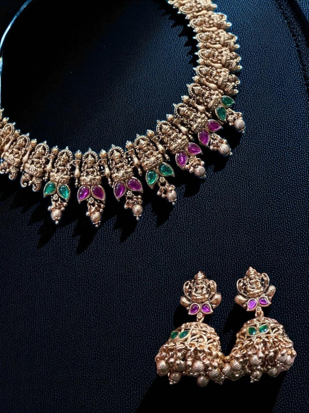 lakshmi design, traditional jewellery, antique necklace, temple work, ethnic look, bridal accessory, cultural piece, elegant finish