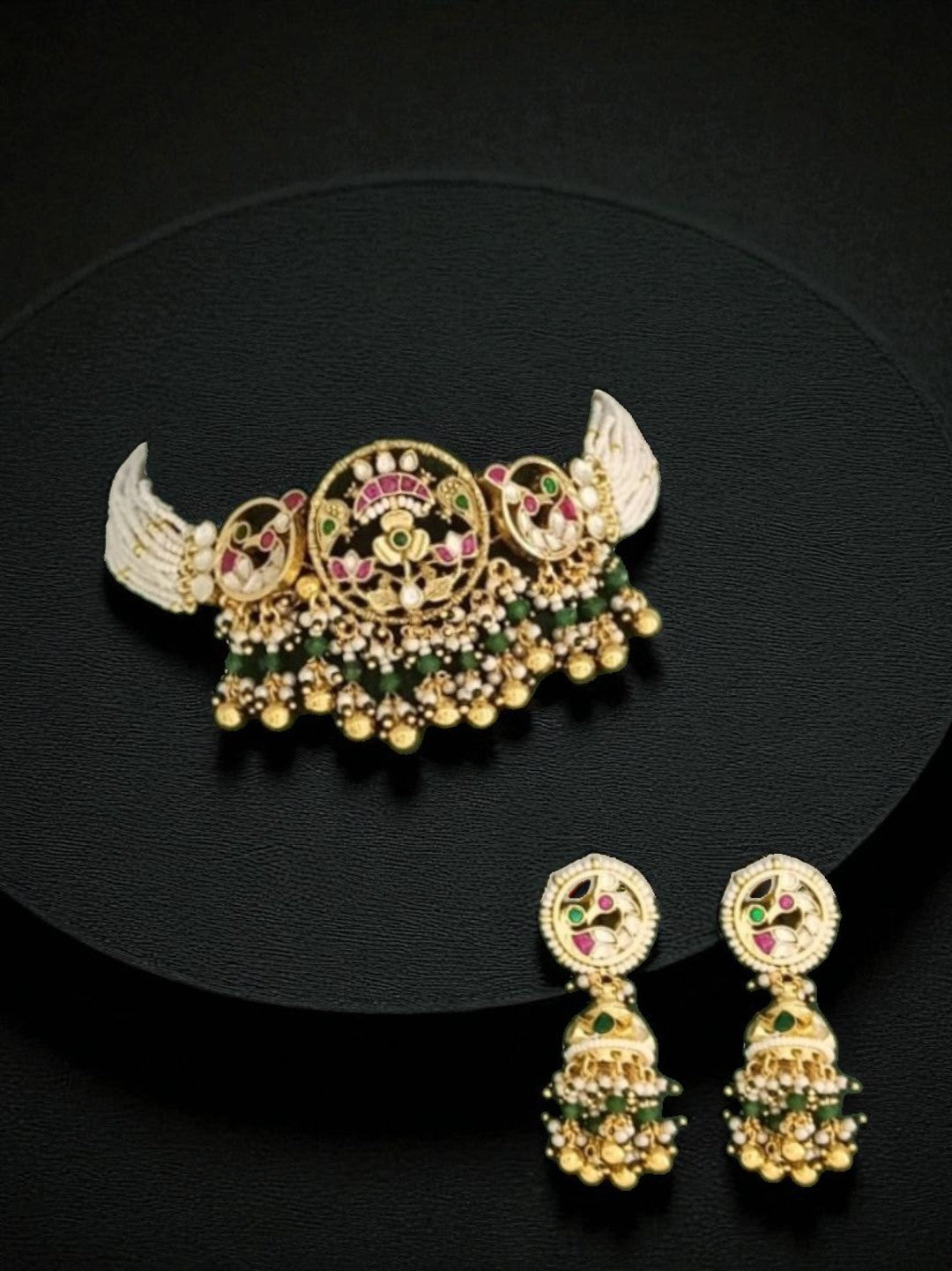 bridal jewellery, wedding choker, sangeet, traditional bride, festive, ethnic wear, celebration, pooja, occasion wear, navratri, diwali look, cultural jewellery, heritage, temple design, handcrafted, artisanal, antique finish, karigari, detailed work, timeless design, statement piece, choker set, jhumka earrings, fashion jewellery, ethnic fashion, layered necklace, bold look, luxury style, kundan, beads, gold polish, pearlwork, meena work, danglers, multi-strand choker, jadau inspired, modern traditional, i