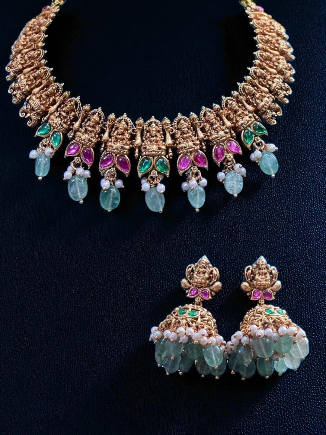 lakshmi design, traditional jewellery, antique necklace, temple work, ethnic look, bridal accessory, cultural piece, elegant finish
