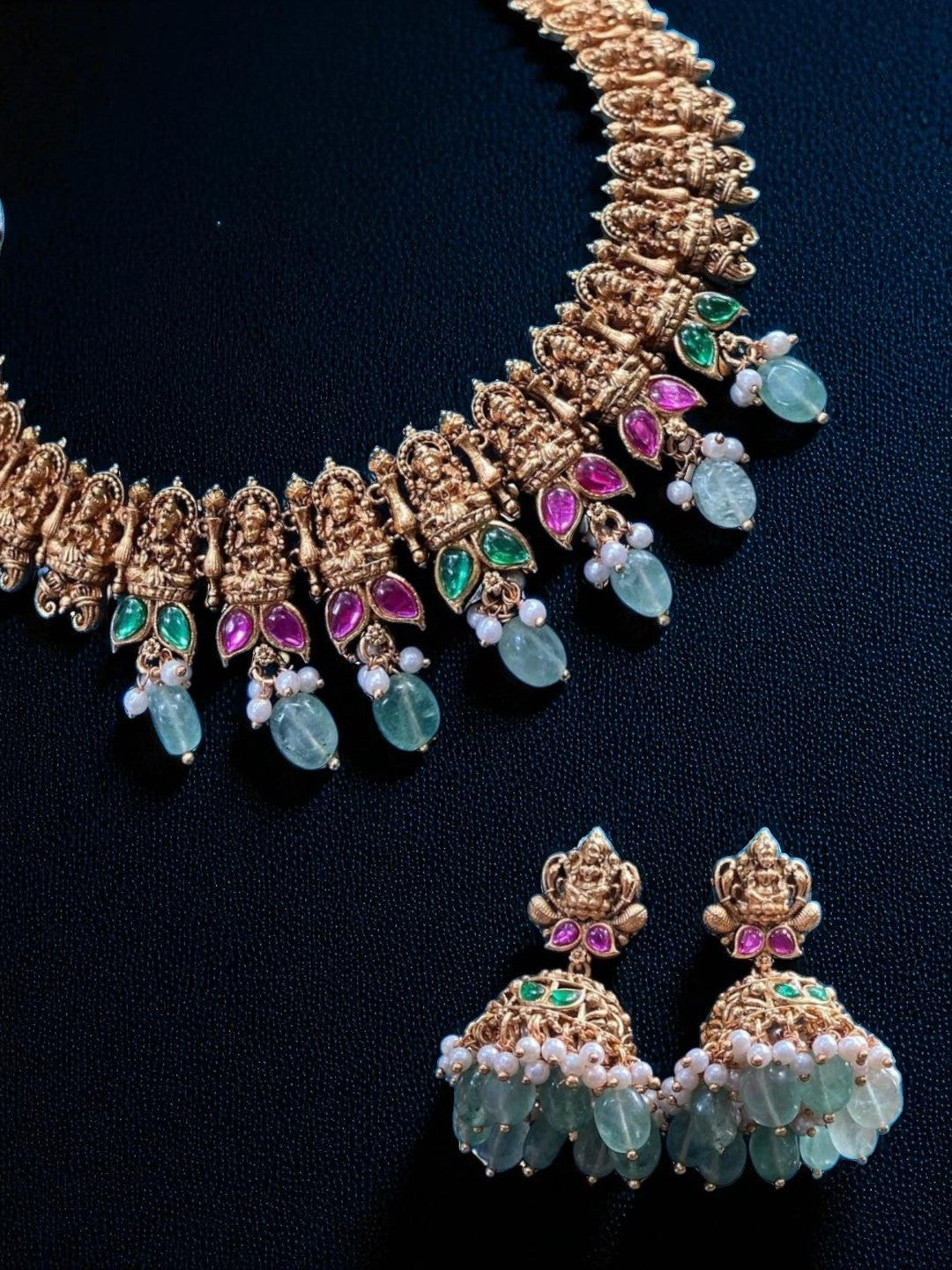 lakshmi design, traditional jewellery, antique necklace, temple work, ethnic look, bridal accessory, cultural piece, elegant finish