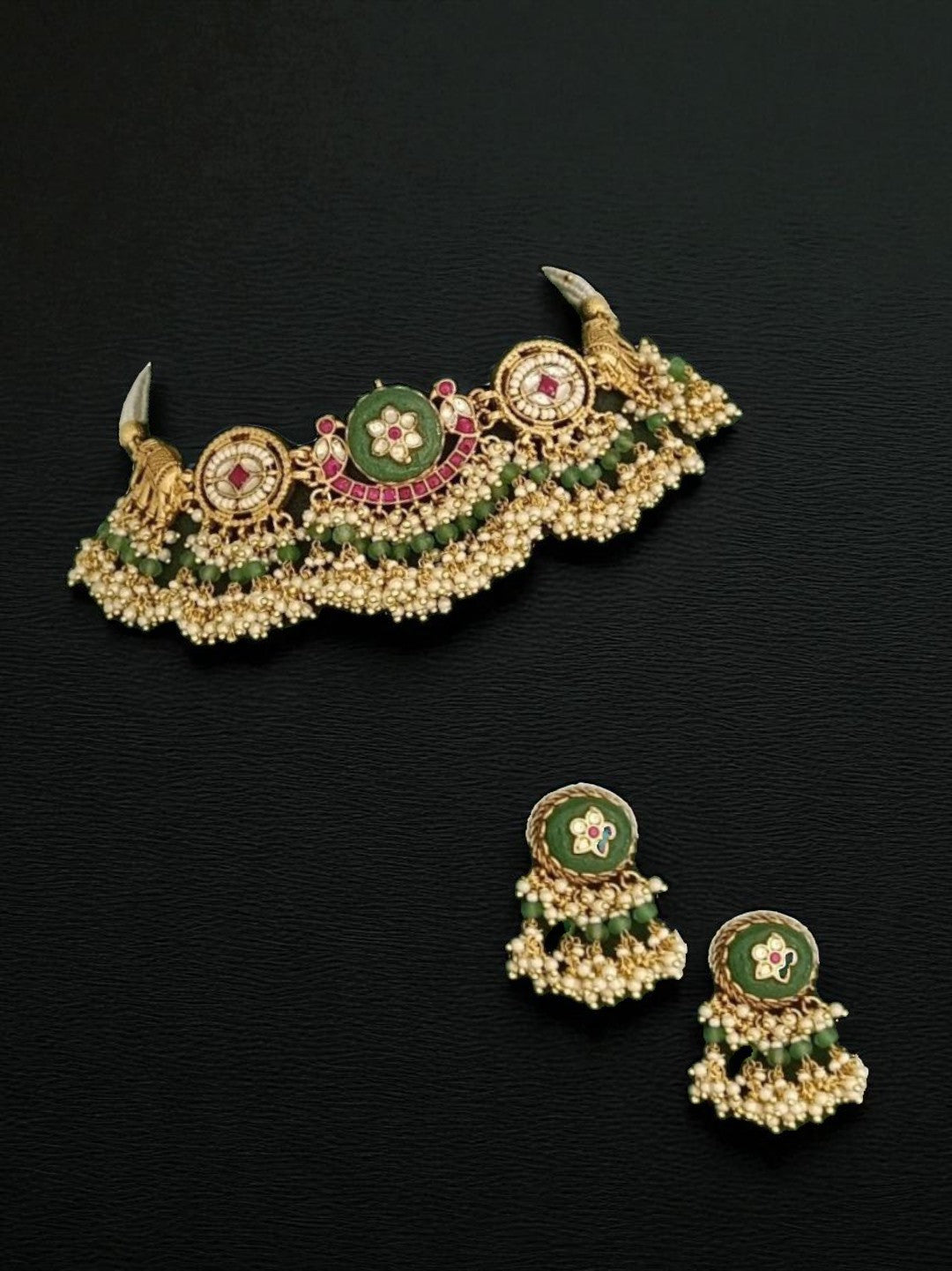 bridal jewellery, wedding choker, sangeet, traditional bride, festive, ethnic wear, celebration, pooja, occasion wear, navratri, diwali look, cultural jewellery, heritage, temple design, handcrafted, artisanal, antique finish, karigari, detailed work, timeless design, statement piece, choker set, jhumka earrings, fashion jewellery, ethnic fashion, layered necklace, bold look, luxury style, kundan, beads, gold polish, pearlwork, meena work, danglers, multi-strand choker, jadau inspired, modern traditional, i