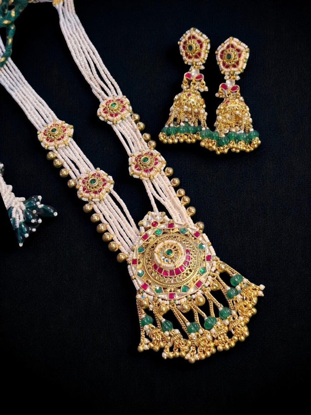 kundanset, heritagejewellery, sphericalpendant, pearlnecklace, rubyemeraldjewels, festivewear, bridalstatement, handcraftedset, greenbeads, houseofpranvi