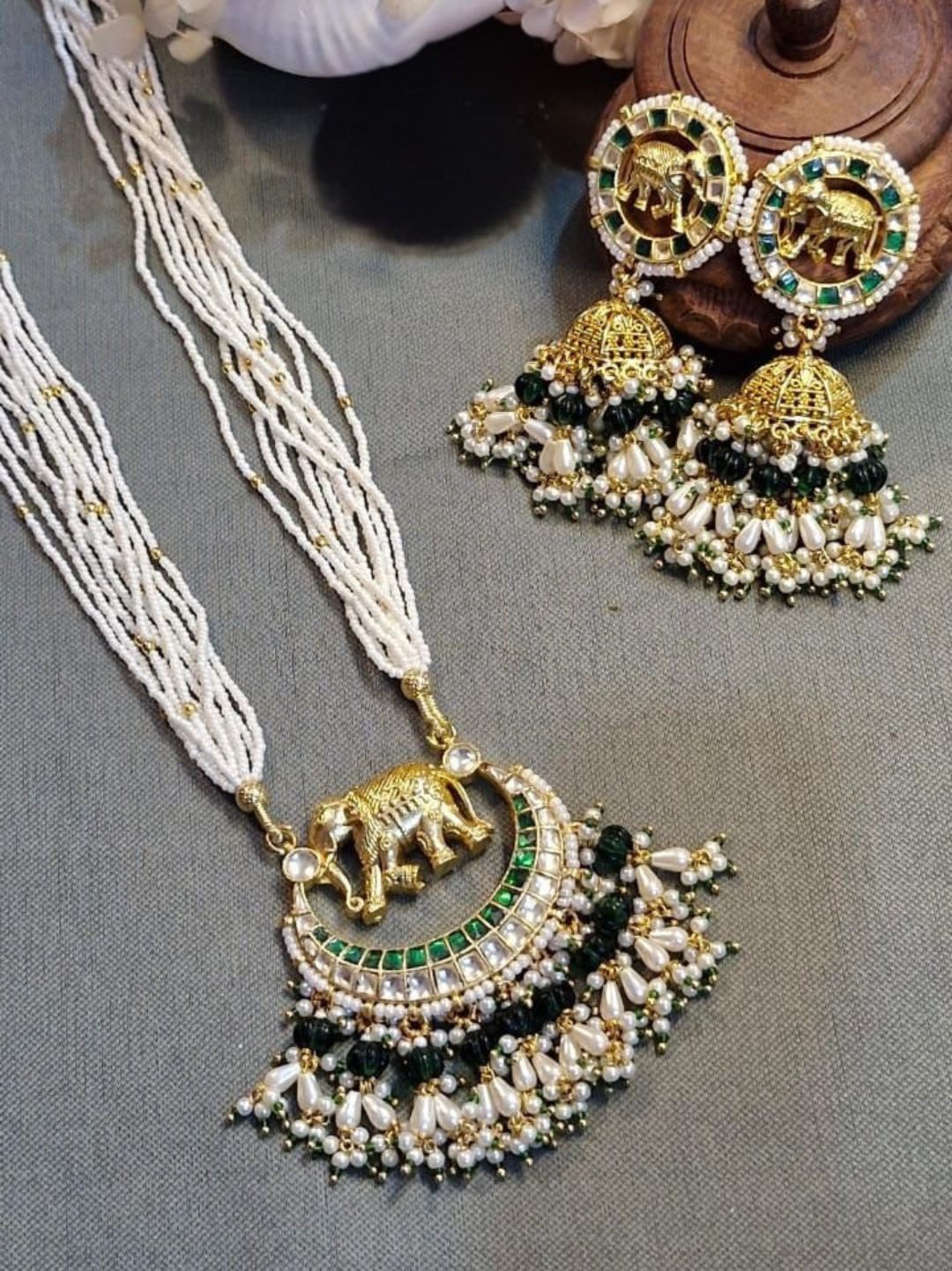 royal jewellery, elephant motif jewellery, temple inspired jewellery, green pearl necklace set, ethnic wedding jewellery, kundan jewellery, traditional jewellery set, heritage necklace earrings, festive jewellery, handmade indian jewellery