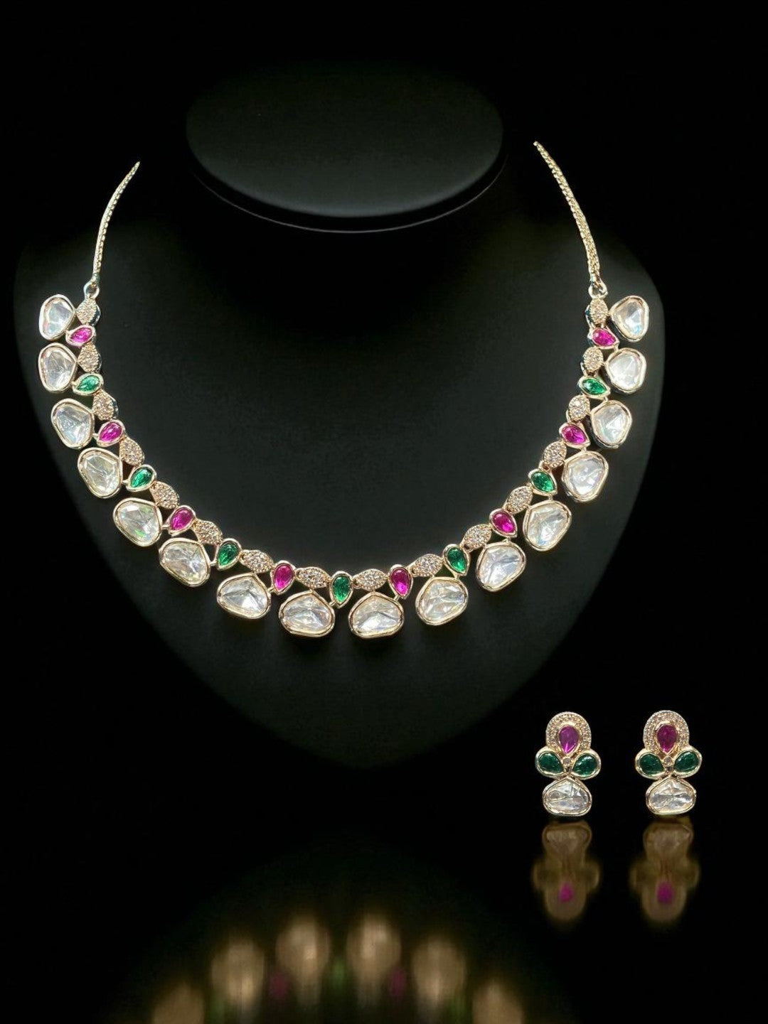 polki necklace, kundan necklace, designer jewellery, bridal necklace set, wedding jewellery, emerald ruby necklace, traditional necklace, luxury jewellery, House of Pranvi jewellery, festive jewellery, party wear necklace