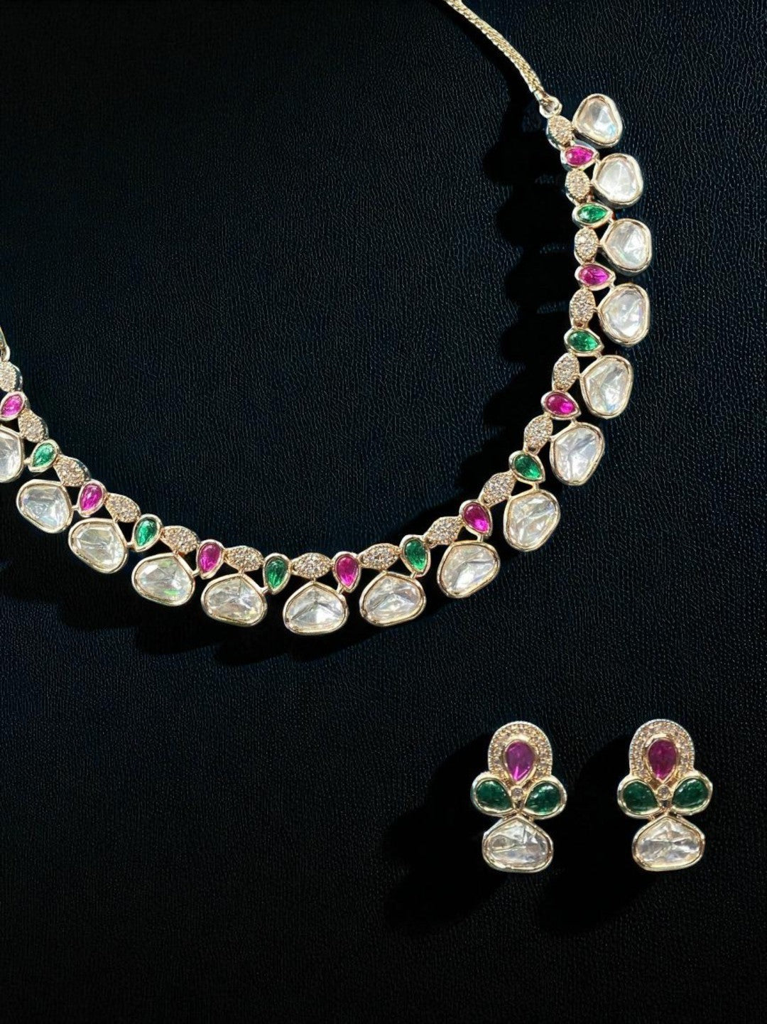 polki necklace, kundan necklace, designer jewellery, bridal necklace set, wedding jewellery, emerald ruby necklace, traditional necklace, luxury jewellery, House of Pranvi jewellery, festive jewellery, party wear necklace