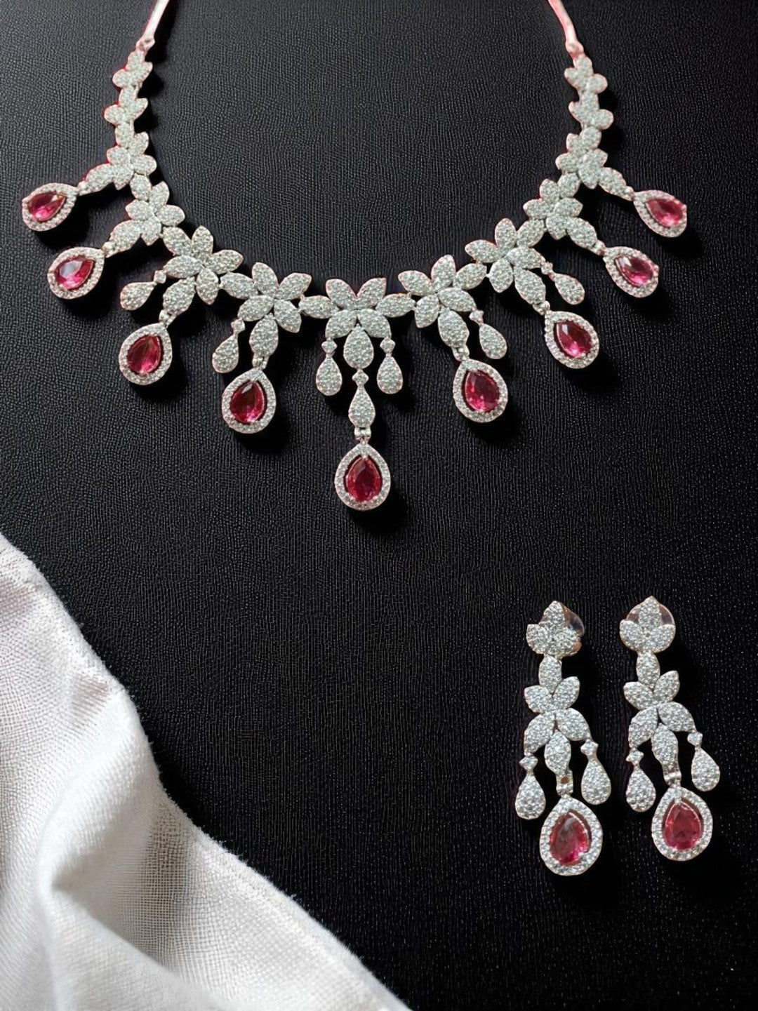 floral necklace, diamond look jewellery, bridal jewellery set, white stone necklace, teardrop earrings, luxury fashion jewellery, statement jewellary, designer necklace set, wedding reception jewellery, house of pranvi style