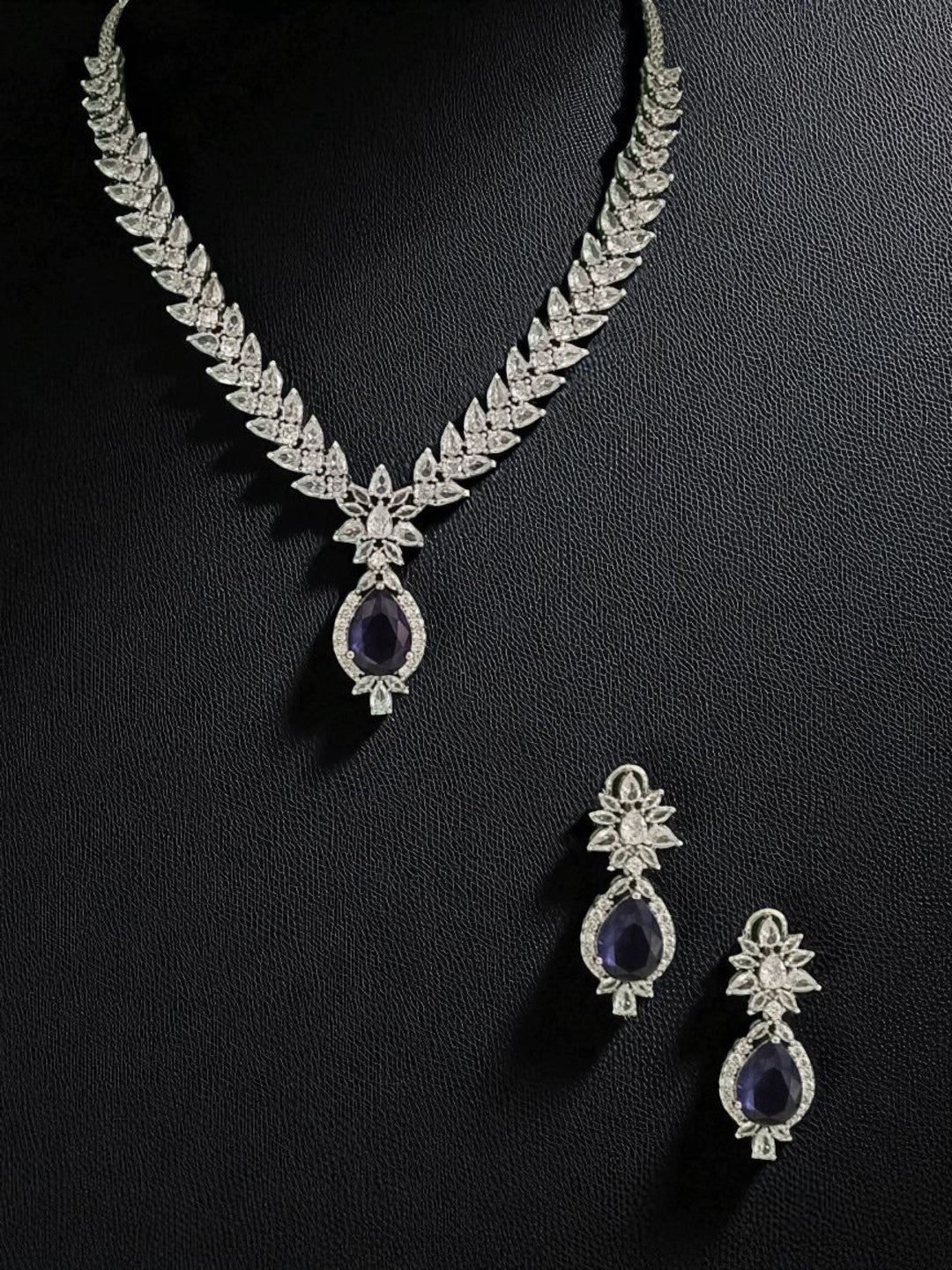 necklace set, sapphire necklace, bridal jewellery, cz diamond necklace, teardrop necklace, luxury necklace set, designer jewellery, indian wedding jewellery, statement necklace, party wear necklace, elegant jewellery set, house of pranvi collection