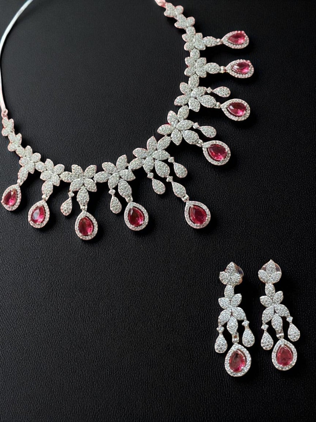 floral necklace, diamond look jewellery, bridal jewellery set, white stone necklace, teardrop earrings, luxury fashion jewellery, statement jewellary, designer necklace set, wedding reception jewellery, house of pranvi style