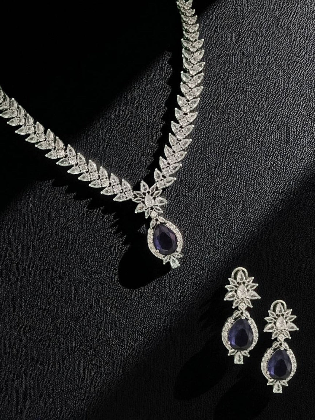 necklace set, sapphire necklace, bridal jewellery, cz diamond necklace, teardrop necklace, luxury necklace set, designer jewellery, indian wedding jewellery, statement necklace, party wear necklace, elegant jewellery set, house of pranvi collection