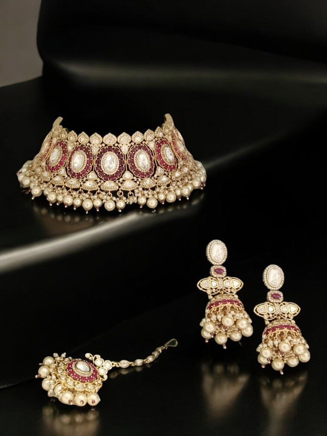 kundan choker set, bridal jewelry, pearl choker, indian wedding jewelry, antique gold necklace, ruby kundan set, traditional jewelry, house of pranvi, luxury ethnic jewelry, statement bridal set