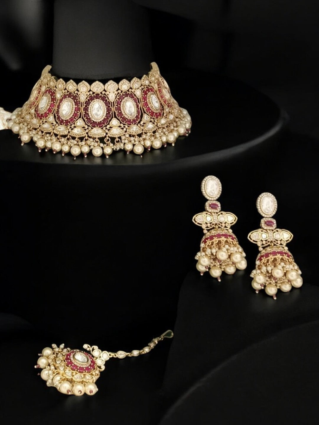 kundan choker set, bridal jewelry, pearl choker, indian wedding jewelry, antique gold necklace, ruby kundan set, traditional jewelry, house of pranvi, luxury ethnic jewelry, statement bridal set