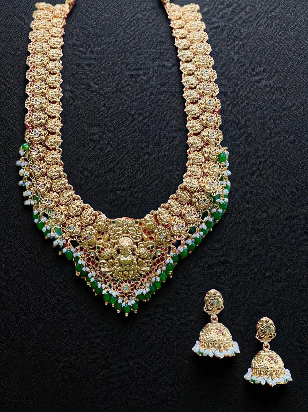 temple necklace set, Lakshmi jewellery, antique gold necklace, bridal temple jewellery, South Indian necklace, traditional necklace, handcrafted jewellery, gold plated necklace, festive jewellery, House of Pranvi necklace
