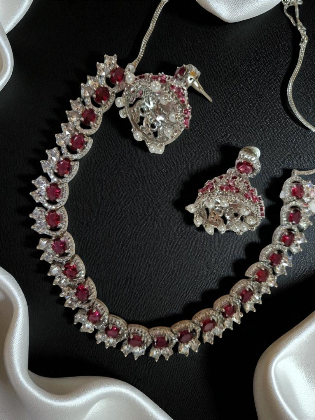 ruby necklace, pearl drop earrings, traditional indian jewellery, house of pranvi, kundan temple set, bridal jewellery, red stone jewellery, south indian jewellery, cultural jewellery, festive wear set, handcrafted necklace, ethnic jewellery, wedding jewellery set