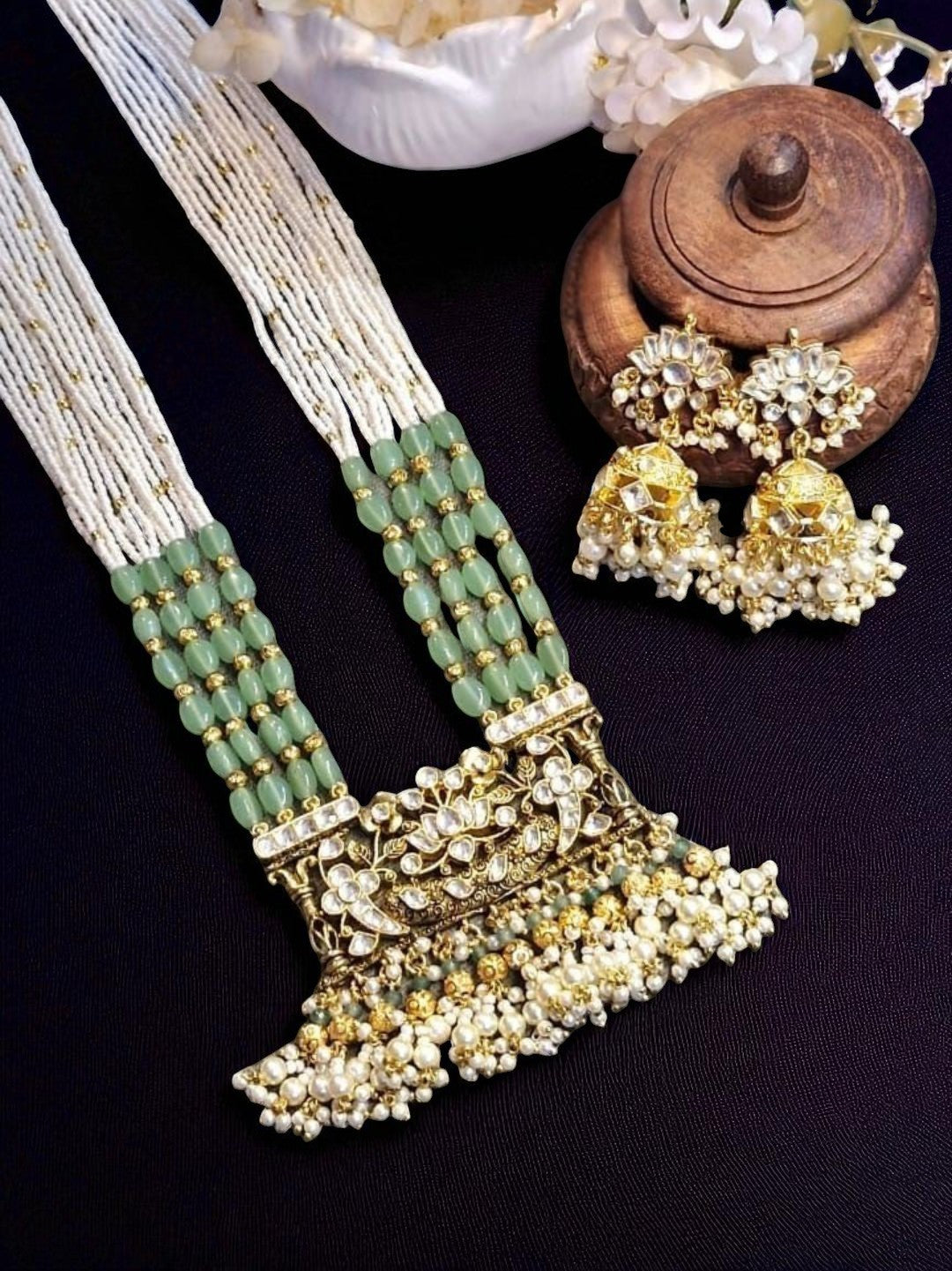 mint green jewellery, floral kundan set, pearl drop necklace, pastel bridal jewellery, traditional indian jewellery, handcrafted necklace earrings, heritage wedding jewellery, festive ethnic jewellery, house of pranvi jewellery, luxury handcrafted set