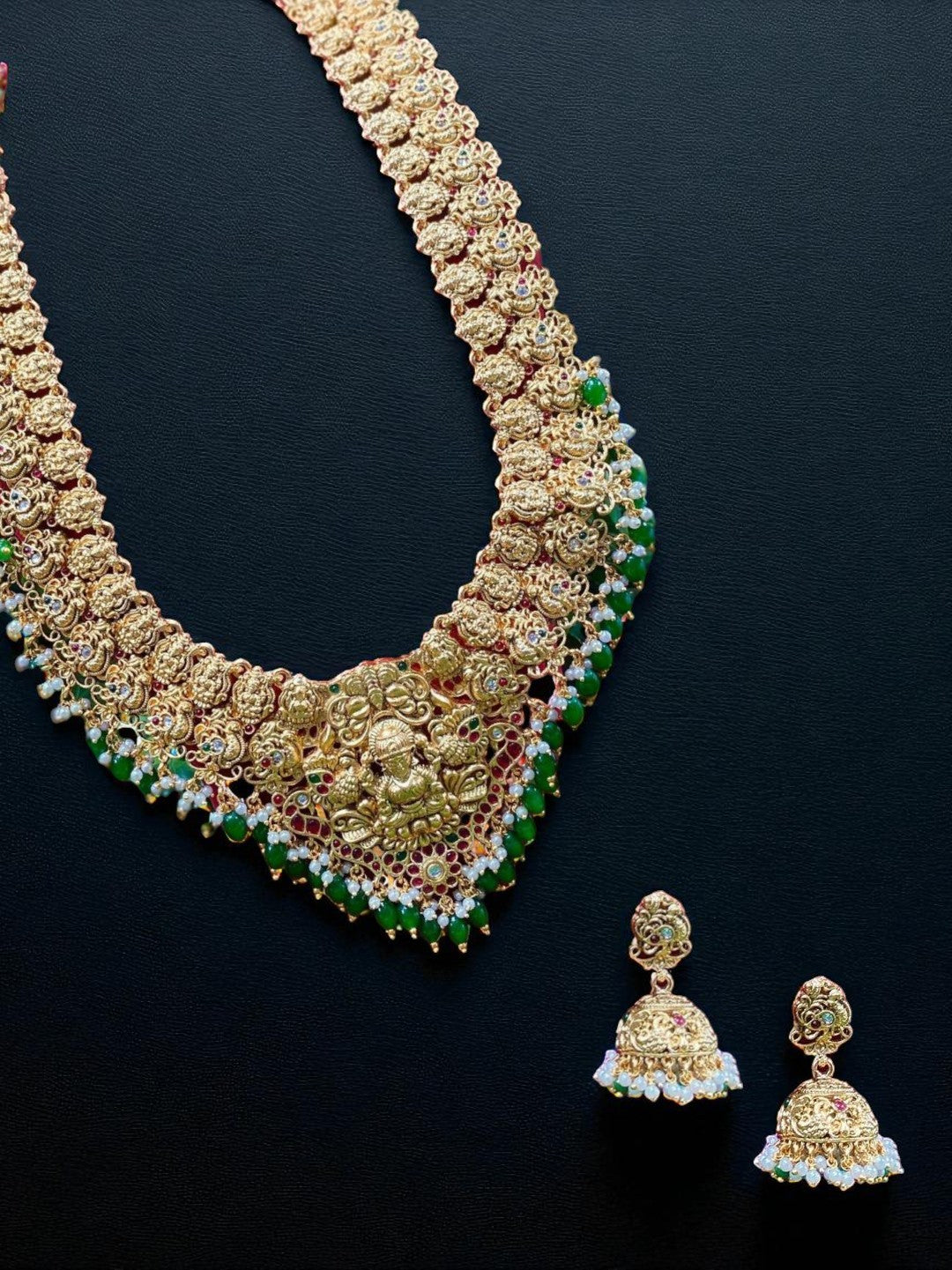 temple necklace set, Lakshmi jewellery, antique gold necklace, bridal temple jewellery, South Indian necklace, traditional necklace, handcrafted jewellery, gold plated necklace, festive jewellery, House of Pranvi necklace