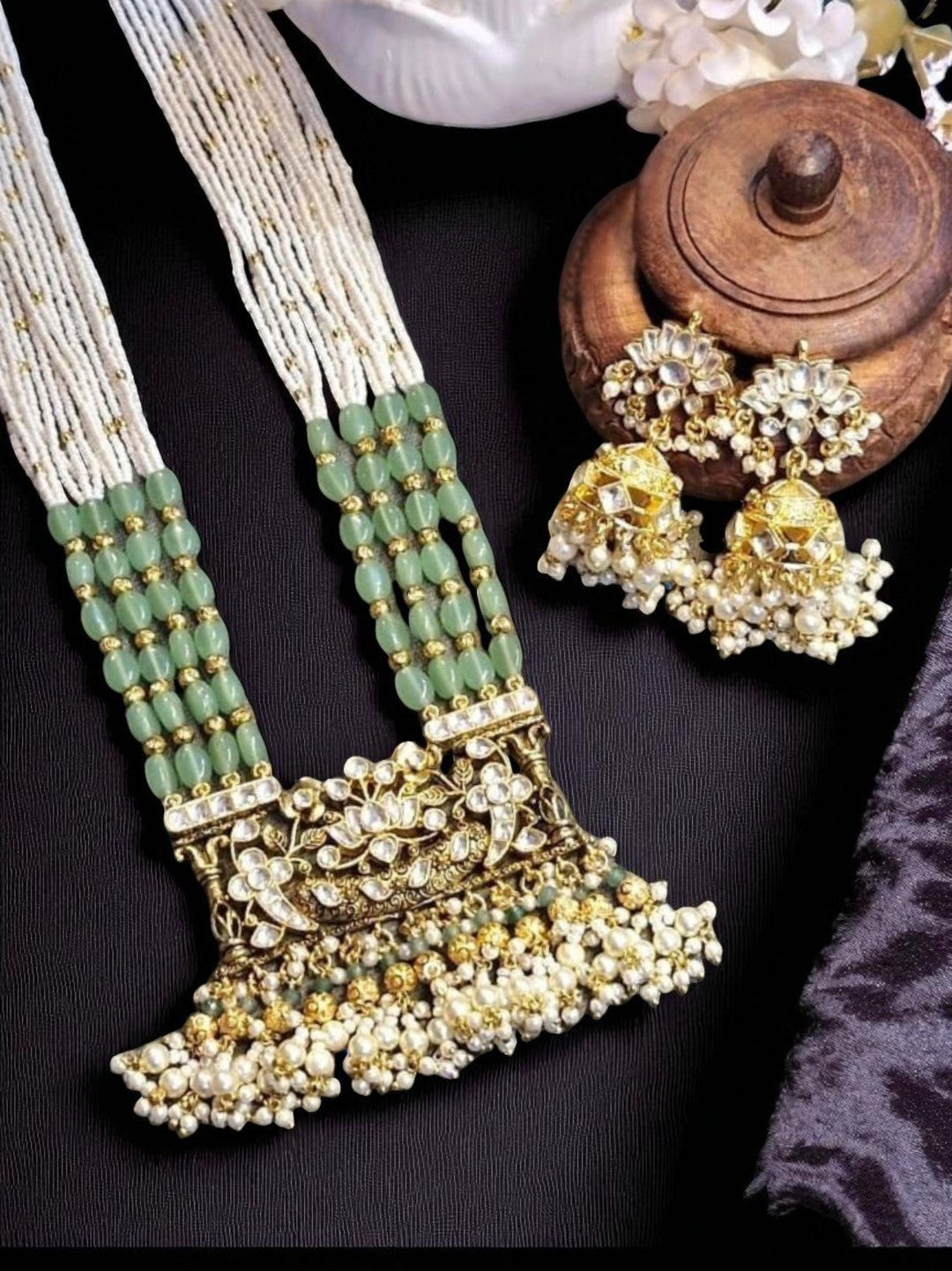 mint green jewellery, floral kundan set, pearl drop necklace, pastel bridal jewellery, traditional indian jewellery, handcrafted necklace earrings, heritage wedding jewellery, festive ethnic jewellery, house of pranvi jewellery, luxury handcrafted set