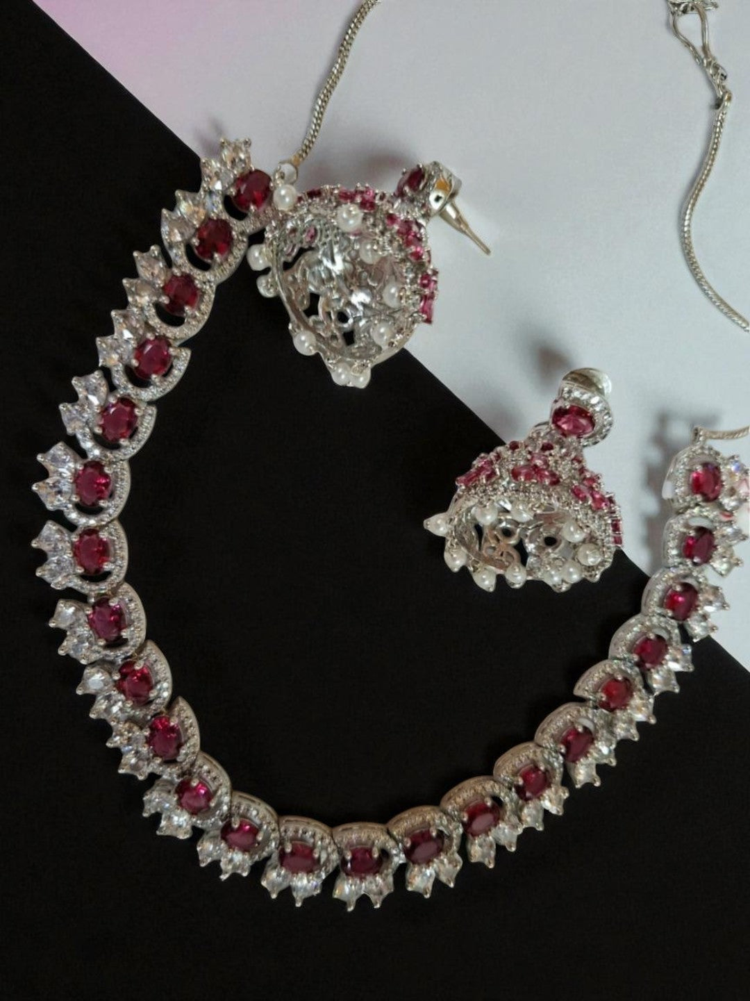 ruby necklace, pearl drop earrings, traditional indian jewellery, house of pranvi, kundan temple set, bridal jewellery, red stone jewellery, south indian jewellery, cultural jewellery, festive wear set, handcrafted necklace, ethnic jewellery, wedding jewellery set