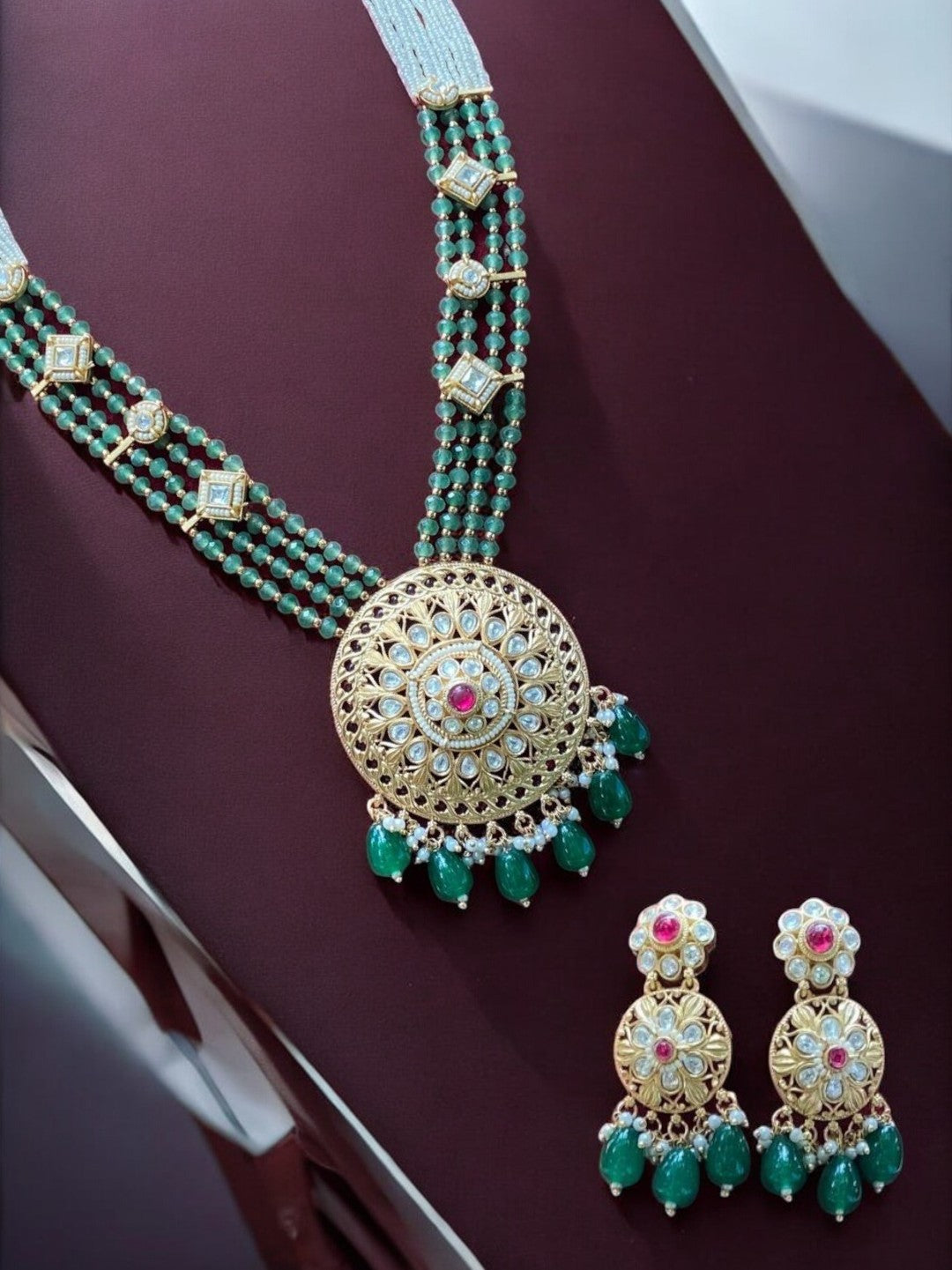 ROYAL EMERALD KUNDAN PEARL NECKLACE SET