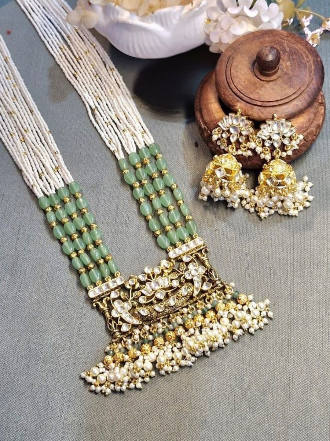 mint green jewellery, floral kundan set, pearl drop necklace, pastel bridal jewellery, traditional indian jewellery, handcrafted necklace earrings, heritage wedding jewellery, festive ethnic jewellery, house of pranvi jewellery, luxury handcrafted set