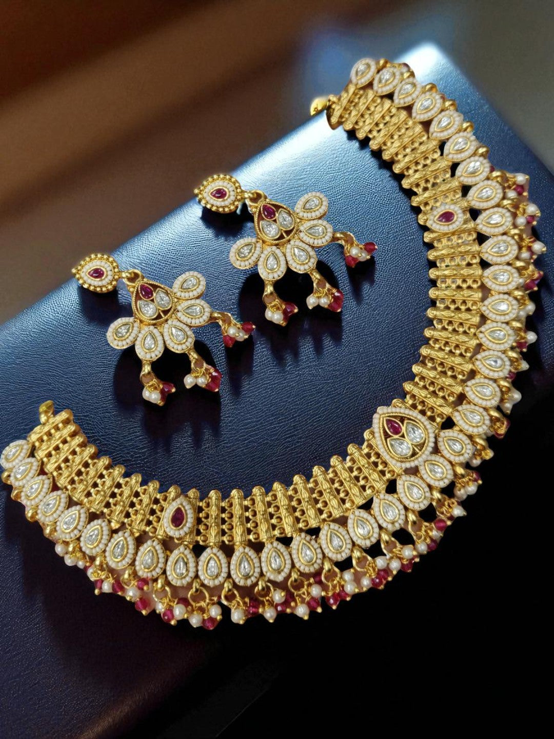 gulab rani jewellary, ruby pearl kundan, bridal set with rubies, gold tone traditional jewellary, handcrafted ethnic jewellery, polki kundan necklace, indian occasion wear