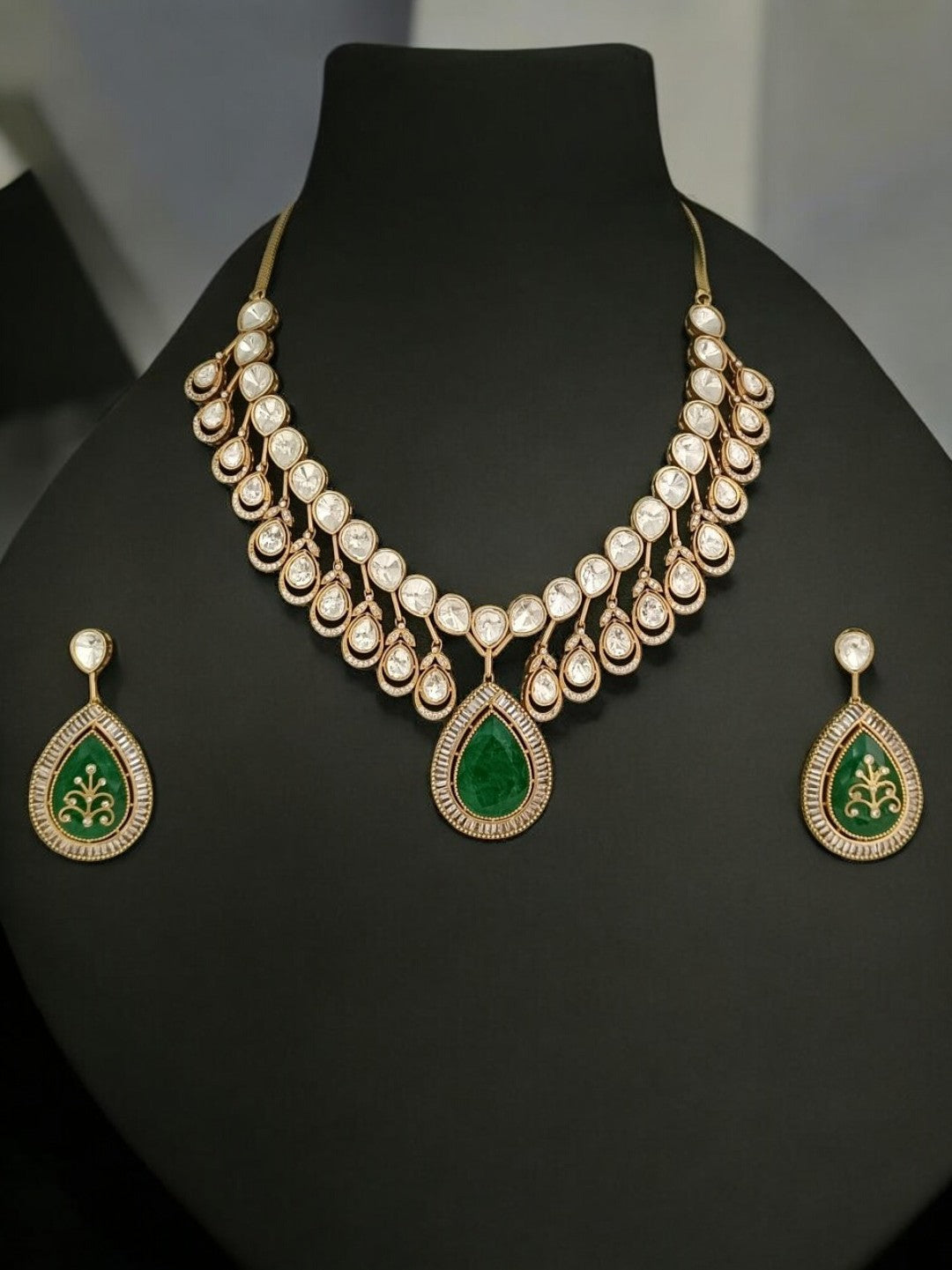 tear drop kundan necklace, emerald pendant jewellery, traditional bridal set, green and gold ethnic necklace, house of pranvi, kundan choker design, royal kundan set, wedding jewellery india, handcrafted necklace set, festive kundan accessories