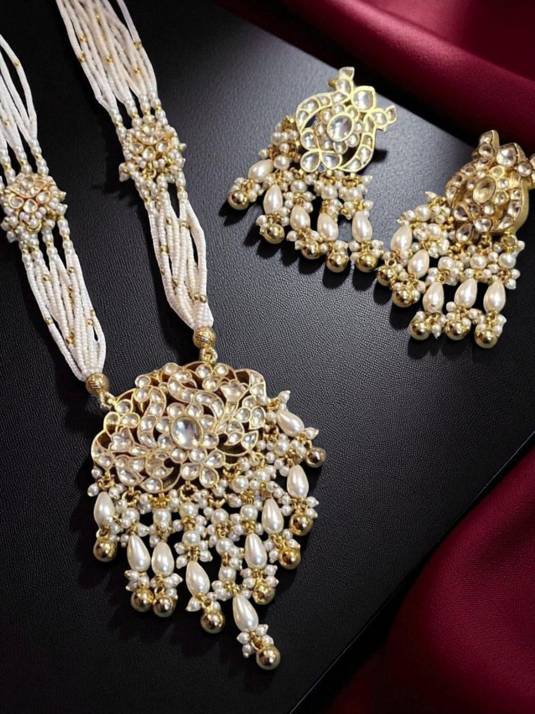 polki pearl jewellery, uncut stone necklace, classic bridal jewellery, ivory pearl set, traditional indian jewellery, handcrafted polki set, house of pranvi jewellery, festive wedding jewellery, kundan pearl jewellery, luxury ethnic necklace