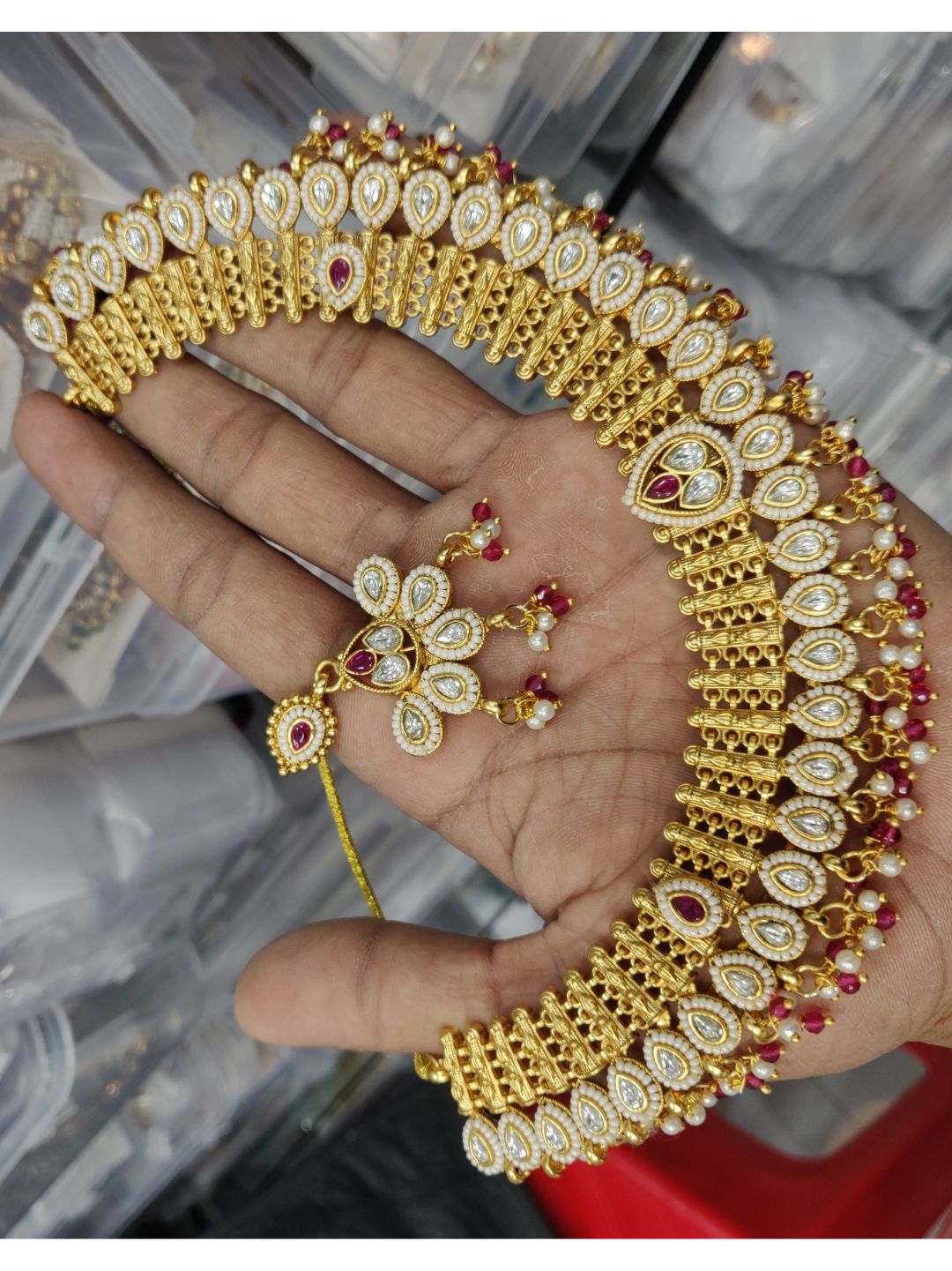gulab rani jewellary, ruby pearl kundan, bridal set with rubies, gold tone traditional jewellary, handcrafted ethnic jewellery, polki kundan necklace, indian occasion wear