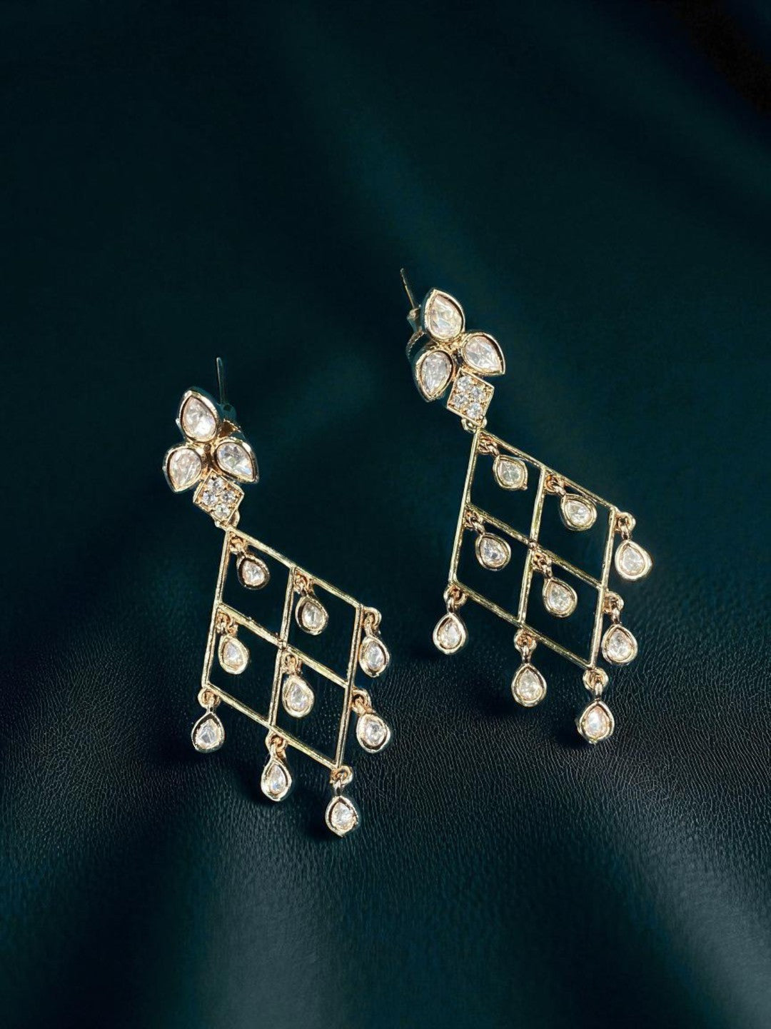 diamond drop earrings, geometric jewellary, gold statement earrings, kundan-inspired studs, festive wear earrings, modern ethnic jewellary, chandelier earrings, handcrafted jewellary, pearl-free indian earrings, lightweight bridal accessories