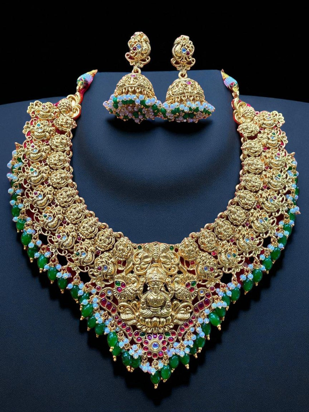 temple jewellery set, gold necklace set, Lakshmi necklace, bridal temple jewellery, traditional necklace, antique gold jewellery, handcrafted necklace, South Indian jewellery, wedding jewellery, House of Pranvi jewellery