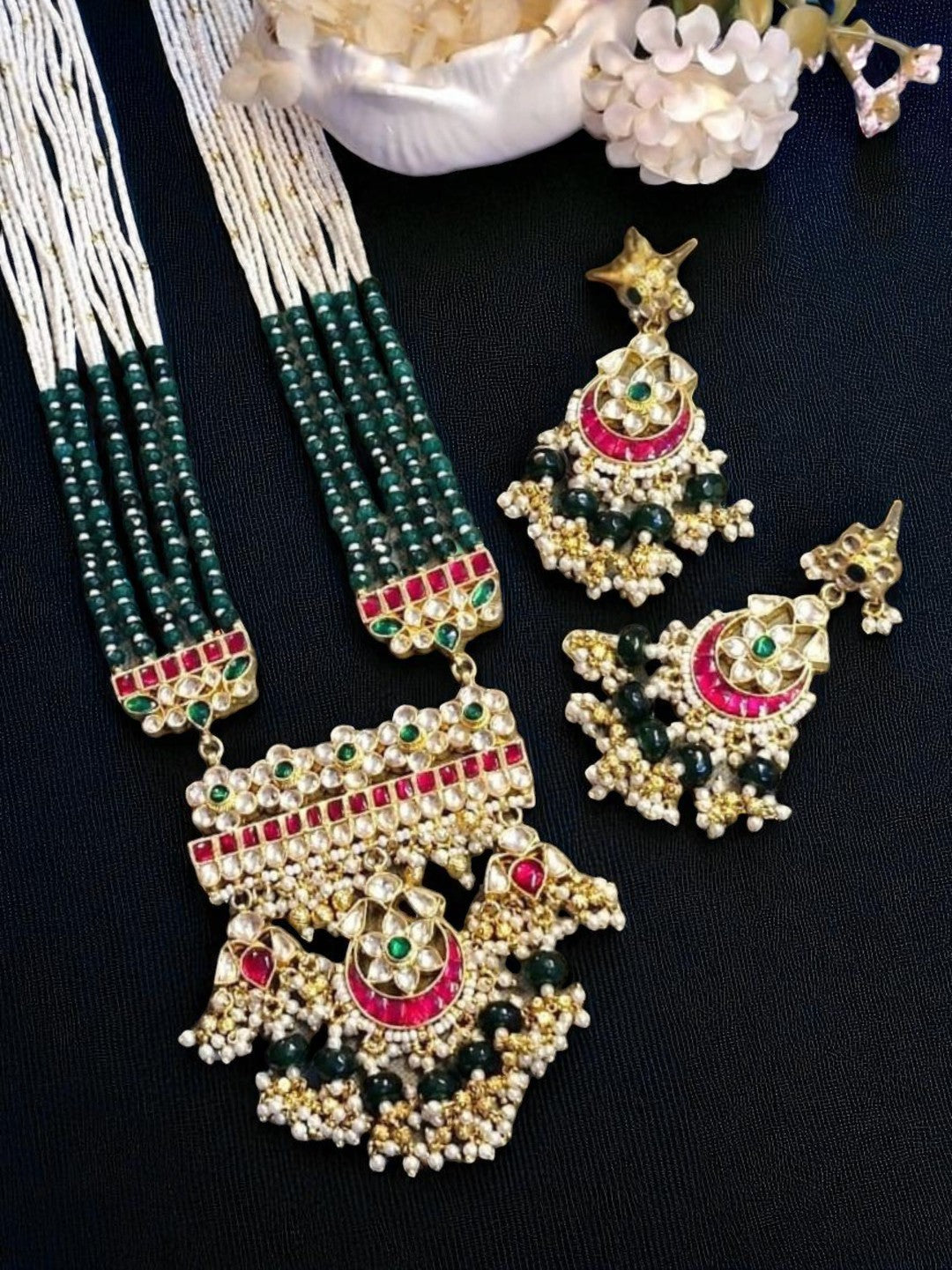 navratna jewellery set, ruby emerald necklace, multicolor kundan jewellery, green beaded necklace, bridal statement jewellery, traditional indian jewellery, house of pranvi collection, handcrafted ethnic set, festive wedding jewellery, bold kundan jewellery