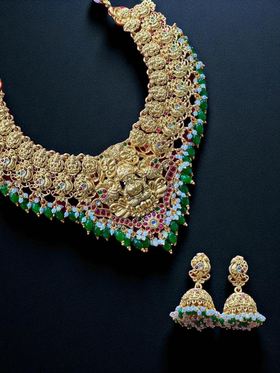 temple jewellery set, gold necklace set, Lakshmi necklace, bridal temple jewellery, traditional necklace, antique gold jewellery, handcrafted necklace, South Indian jewellery, wedding jewellery, House of Pranvi jewellery