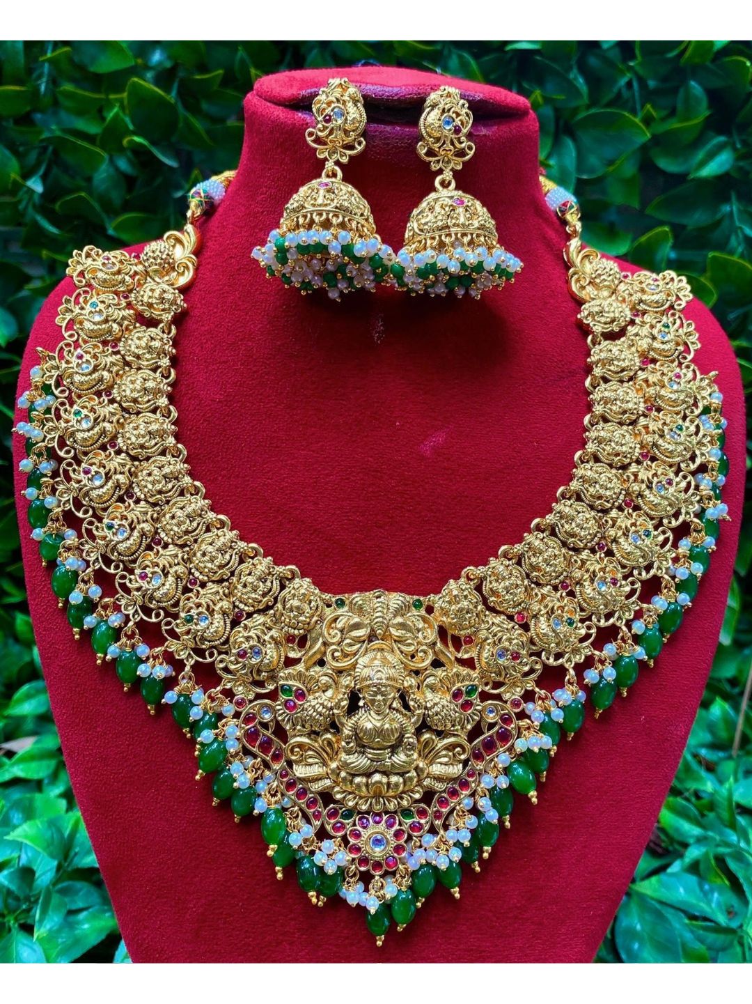 temple jewellery set, gold necklace set, Lakshmi necklace, bridal temple jewellery, traditional necklace, antique gold jewellery, handcrafted necklace, South Indian jewellery, wedding jewellery, House of Pranvi jewellery