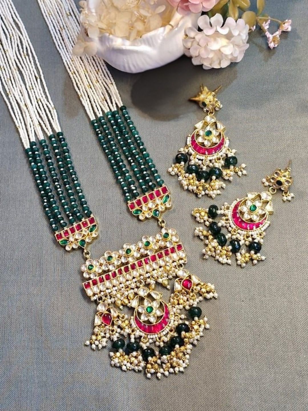 navratna jewellery set, ruby emerald necklace, multicolor kundan jewellery, green beaded necklace, bridal statement jewellery, traditional indian jewellery, house of pranvi collection, handcrafted ethnic set, festive wedding jewellery, bold kundan jewellery