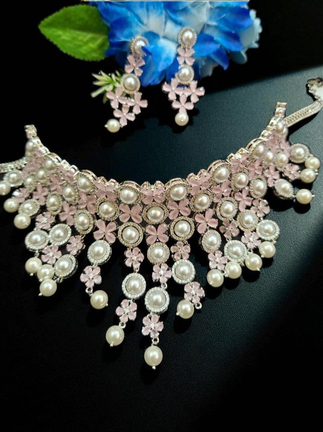 pearl choker set, pastel floral set, destination wedding jewellery, light bridal jewellery, floral theme necklace, wedding accessories