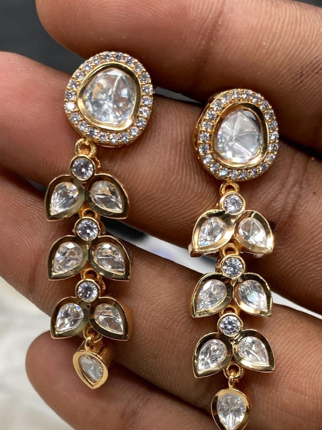 polki dangler earrings, floral jewellary earrings, kundan style earrings, gold finish earrings, bridal drop earrings, statement earrings, festive jewellery, wedding earrings, handcrafted jewellary, party wear earrings