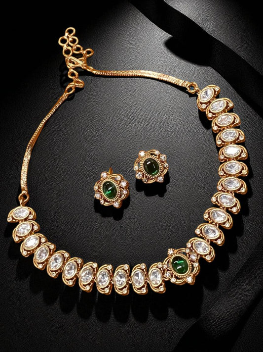 minimal festive jewellery, sleek choker set, green centre necklace, modern ethnic jewellery, cocktail jewellery, polki with pearl detailing, handcrafted necklace, elegant festive set, dainty bridal look