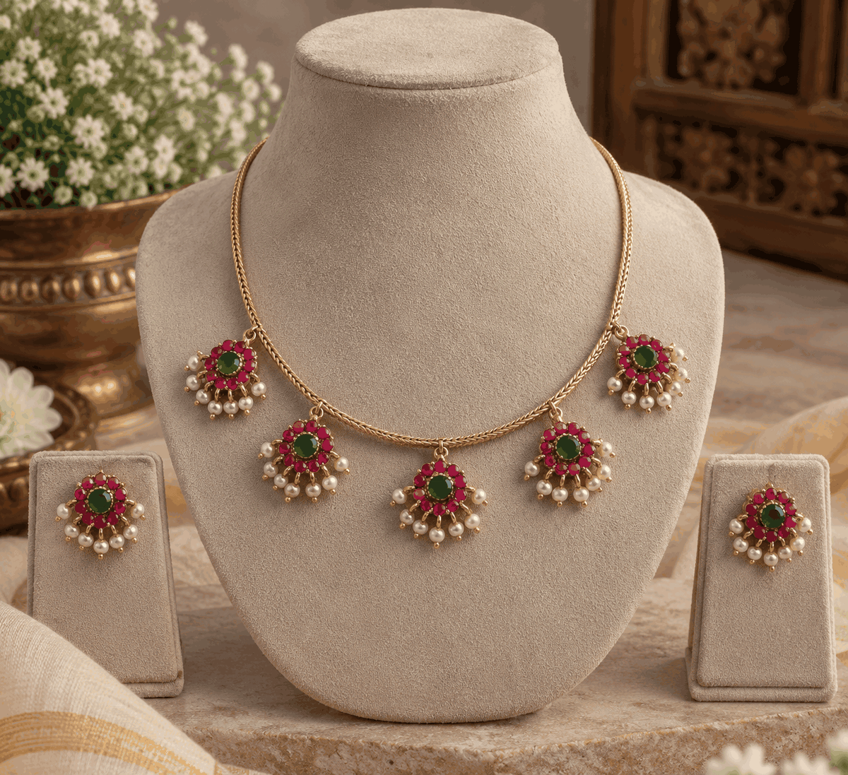 Gold look pink and green floral necklace displayed on jewellery mannequin