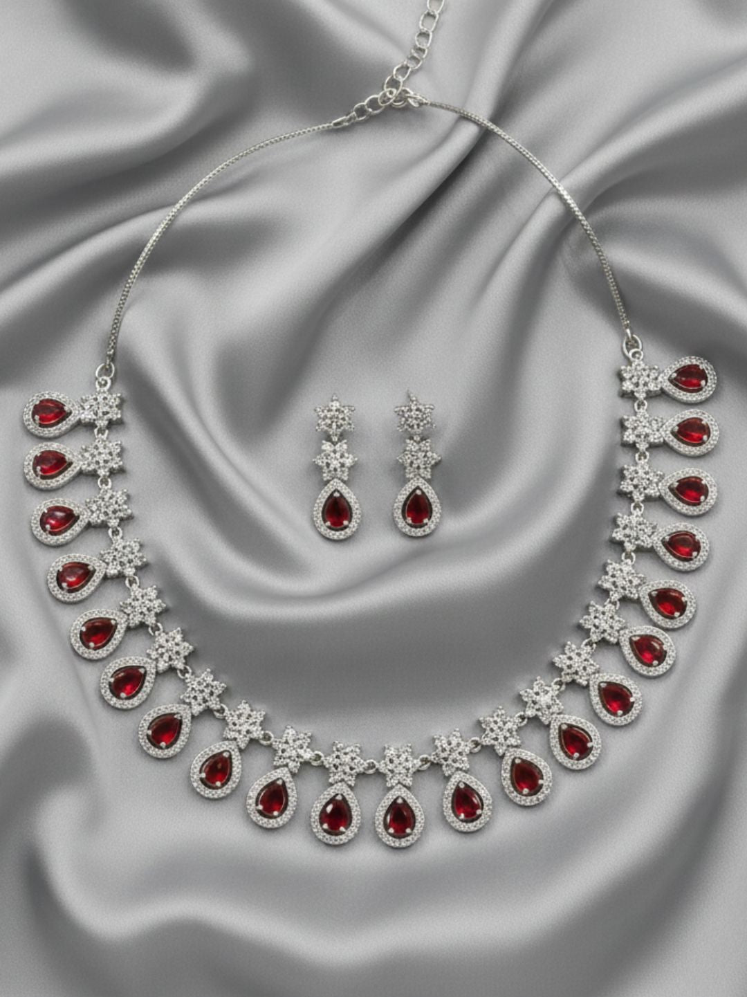 KASHVI RUBY DROP AMERICAN DIAMOND NECKLACE SET