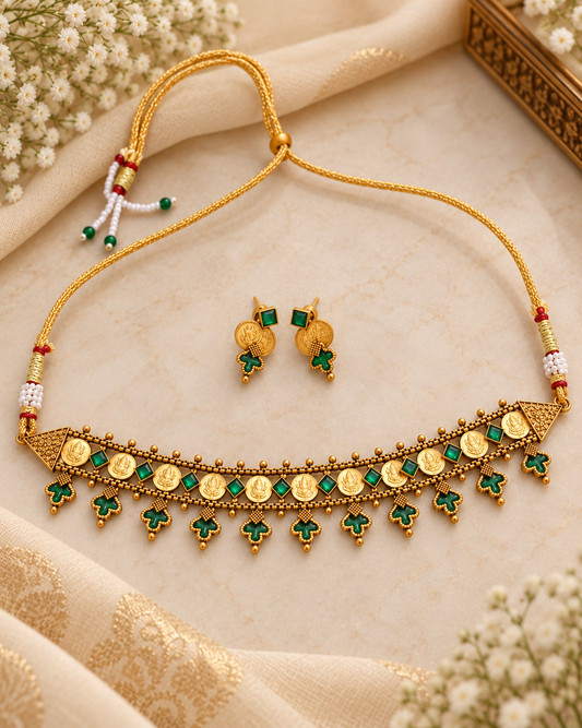 Flatlay of antique gold look coin choker necklace set featuring traditional coin motifs and green stones with matching earrings