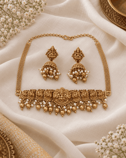 Flatlay of antique gold look Lakshmi temple choker set featuring traditional Lakshmi motifs, pearl-like hanging beads and matching jhumka earrings.